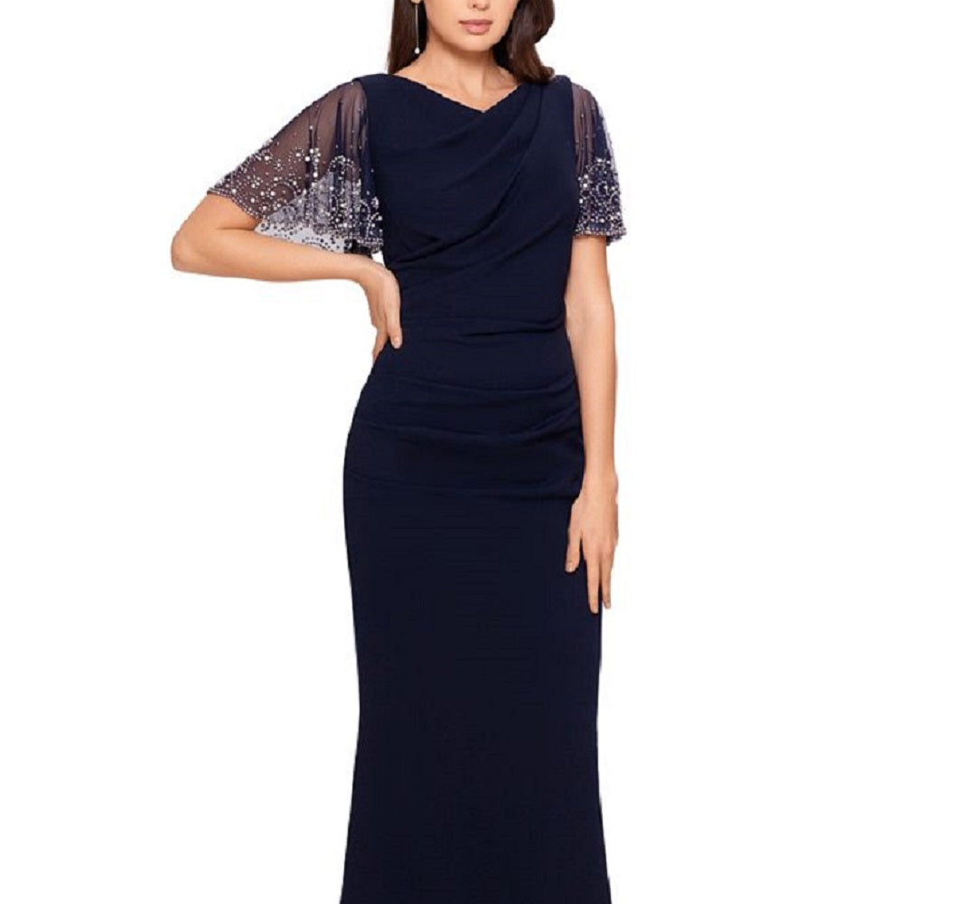 Betsy & Adam Women's Beaded Sleeve Gown Blue Size 4