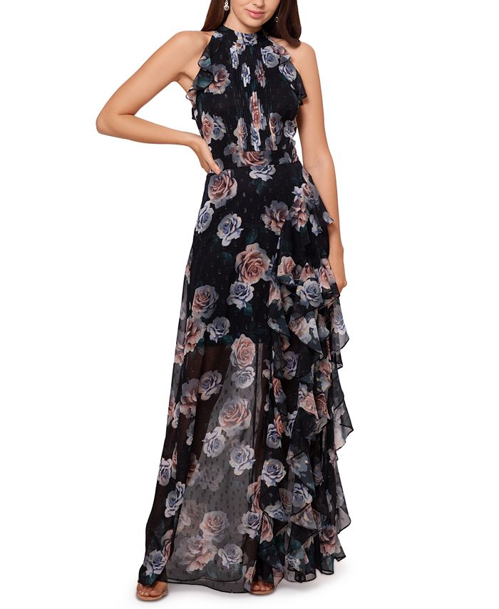 Betsy & Adam Women's Ruffled Halter Gown Black Size 10