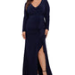 Betsy & Adam Women's V Neck Gown With Matching Mask Blue Size Petite Small