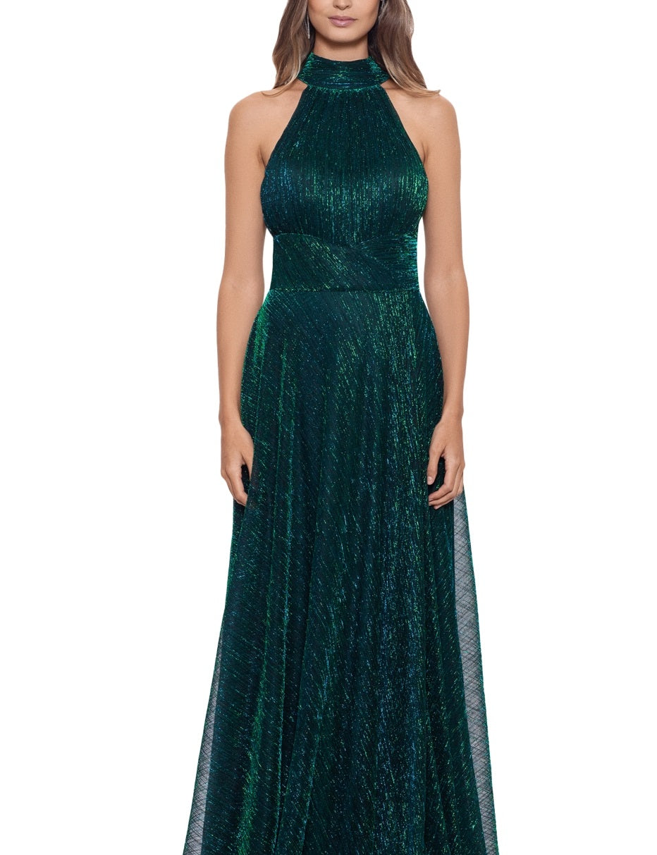 Betsy & Adam Women's Halter Mock Neck Crinkle Faux Wrap Gown Green Size 6