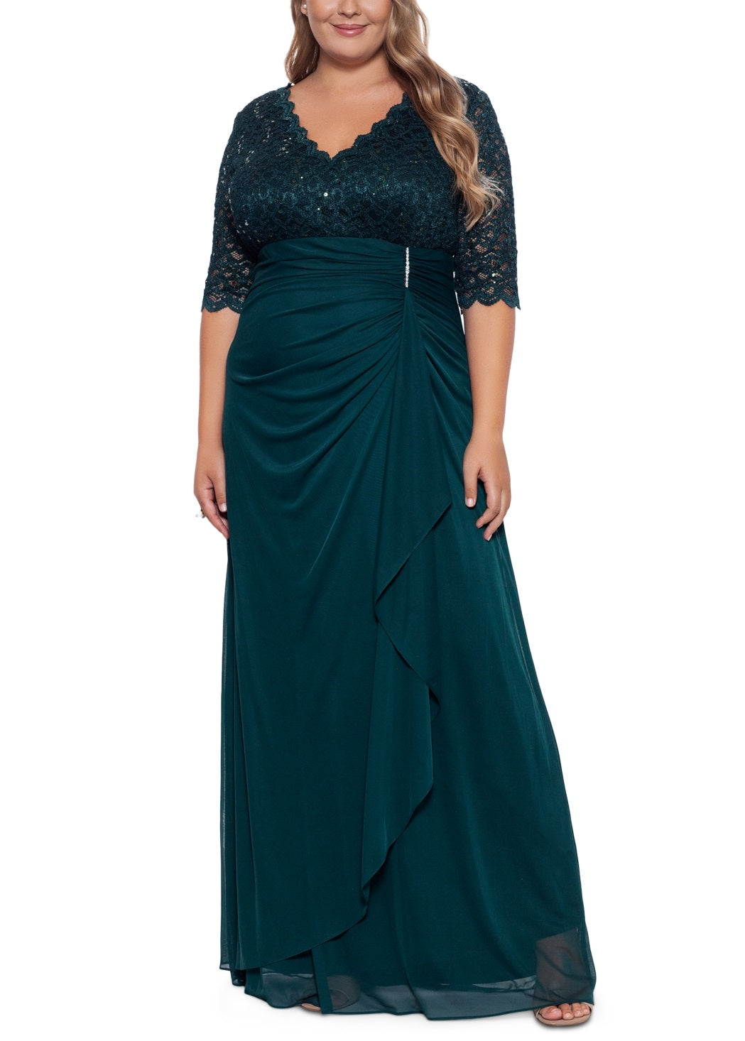 Betsy & Adam Women's V Neck Gown Green Size Petite Small