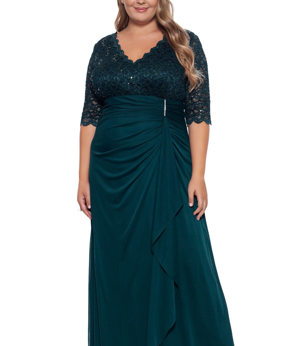 Betsy & Adam Women's V Neck Gown Green Size Petite Small