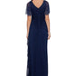Betsy & Adam Women's Embellished Zippered Ruched Flutter Sleeve Boat Neck Full-Length Formal Gown Dress Blue Size 4