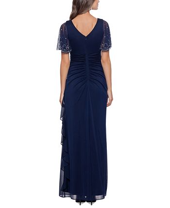 Betsy & Adam Women's Embellished Cascade Ruffle Gown Blue Size 8