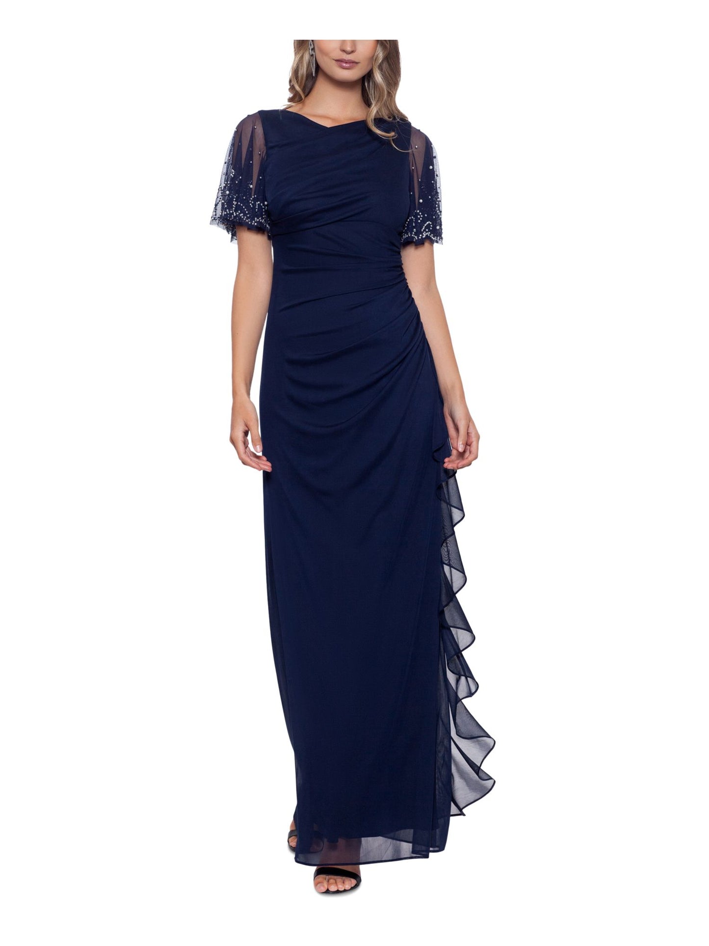 Betsy & Adam Women's Embellished Cascade Ruffle Gown Blue Size 10