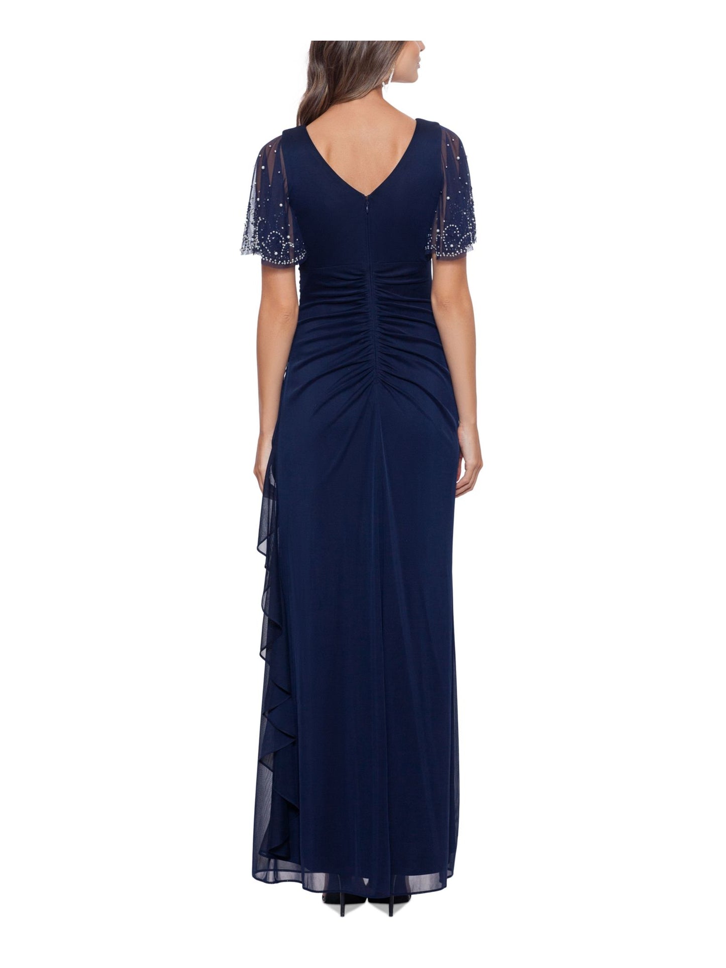 Betsy & Adam Women's Embellished Cascade Ruffle Gown Blue Size 10