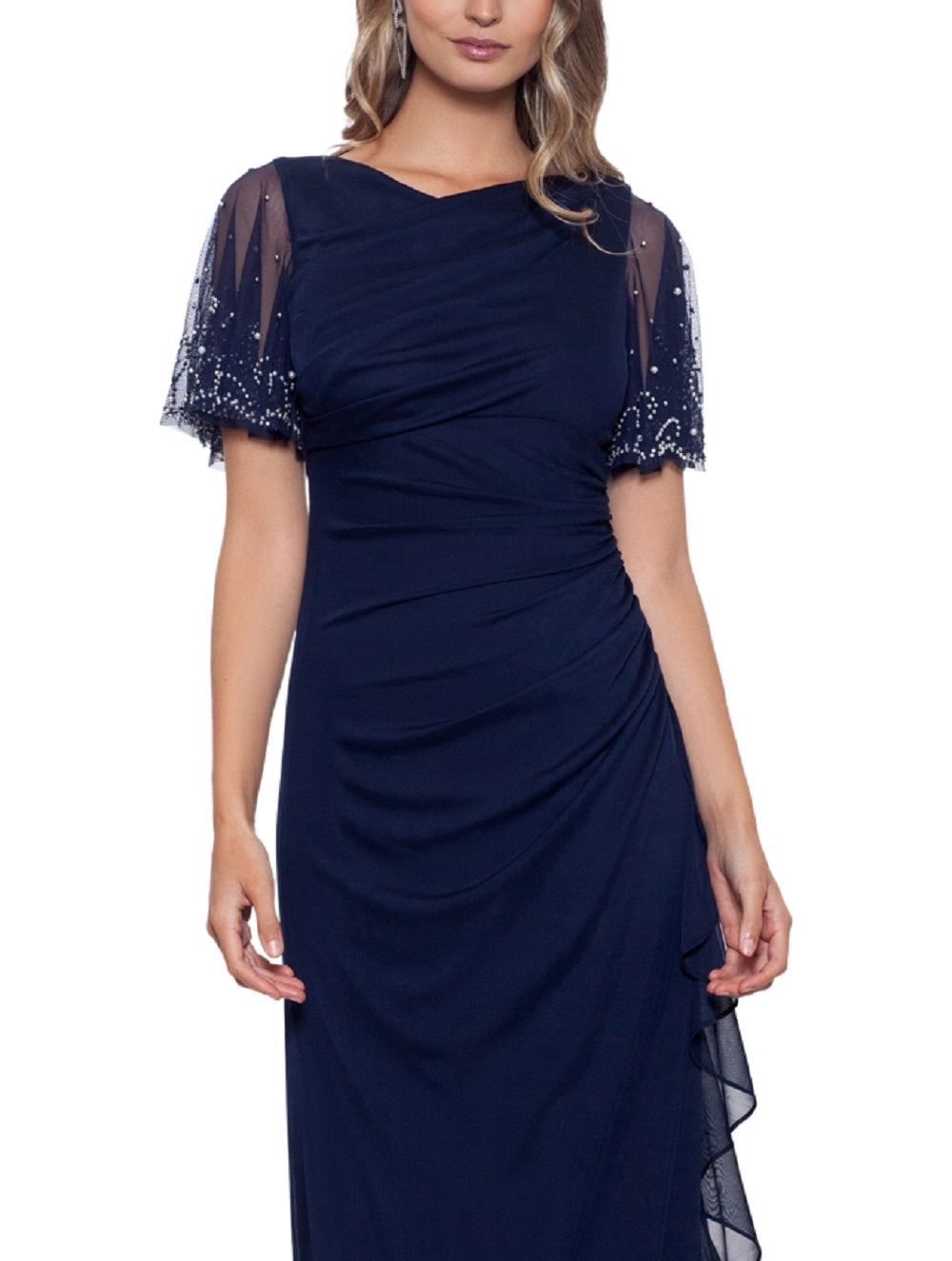 Betsy & Adam Women's Embellished Cascade Ruffle Gown Blue Size 10