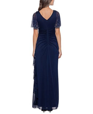 Betsy & Adam Women's Embellished Cascade Ruffle Gown Blue Size 12