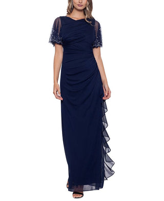 Betsy & Adam Women's Embellished Cascade Ruffle Gown Blue Size 14