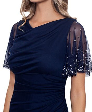 Betsy & Adam Women's Embellished Cascade Ruffle Gown Blue Size 14