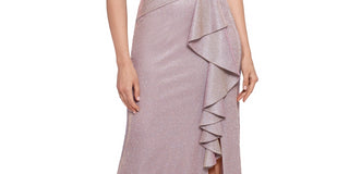 Betsy & Adam Women's Ruffled Front Glitter Gown Pink Size Medium