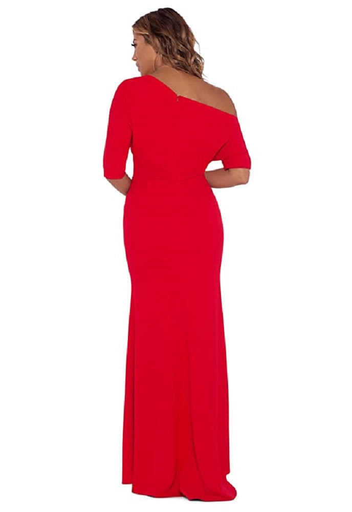Betsy & Adam Women's Long Scuba Crepe Over the Shoulder Gown Red Size 16