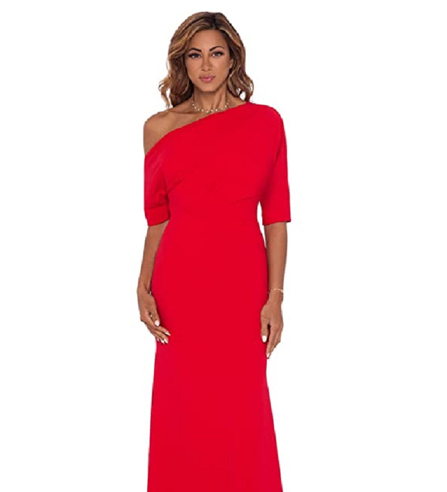 Betsy & Adam Women's Long Scuba Crepe Over the Shoulder Gown Red Size 16