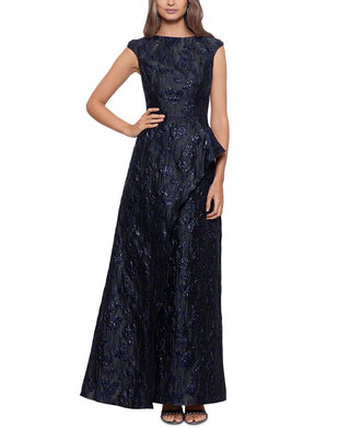 Betsy & Adam Women's Brocade Ruffled Gown Blue Size 6