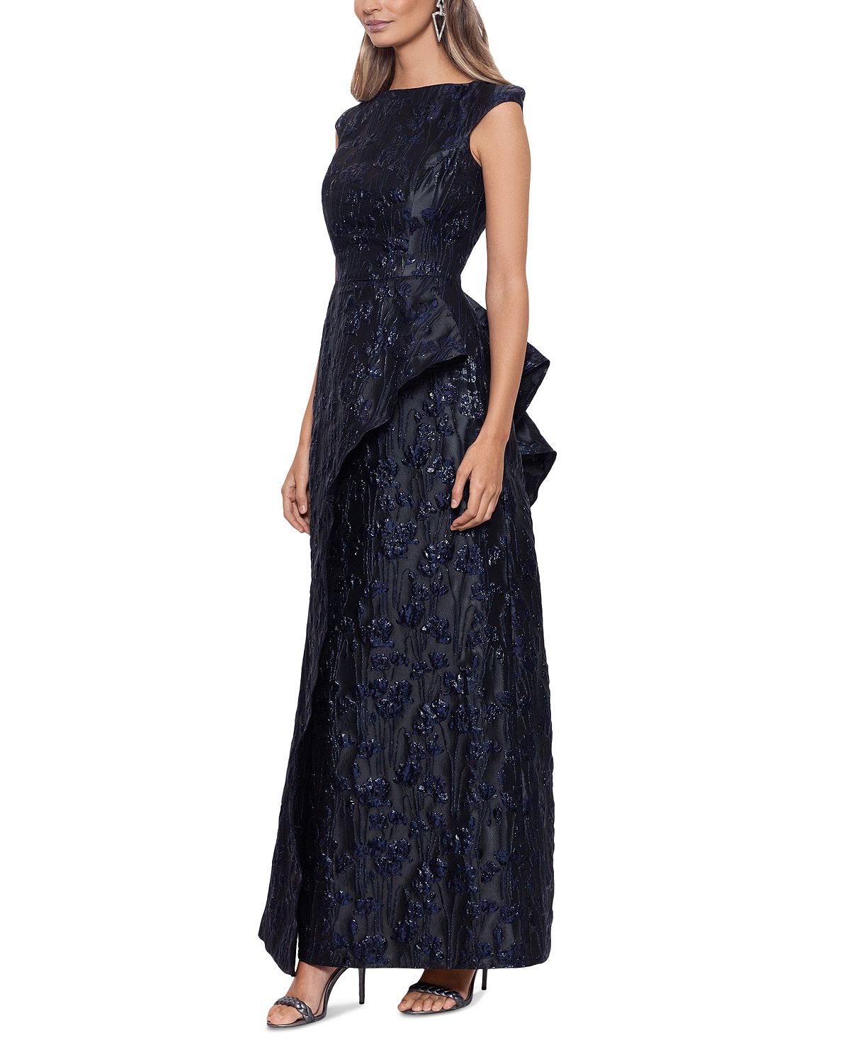 Betsy & Adam Women's Brocade Ruffled Gown Blue Size 6