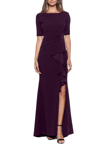 Betsy & Adam Women's Ruffled Ruched Gown Purple Size 4Petite