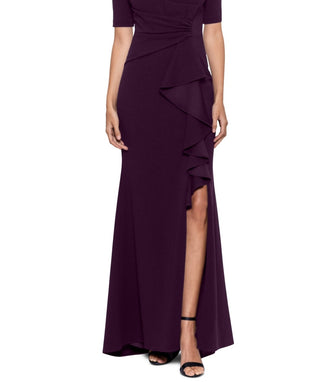 Betsy & Adam Women's Ruffled Ruched Gown Purple Size 4Petite