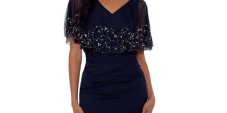 Betsy & Adam Women's Beaded Capelet Gown Blue Size 14 Petite