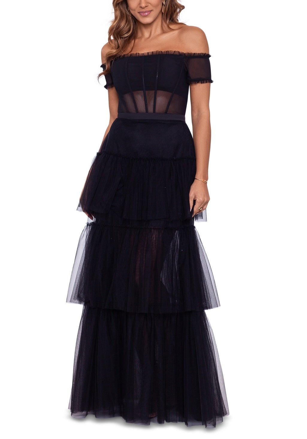 Betsy & Adam Women's Ruffle Off The Shoulder Tiered Ballgown Black Size 8