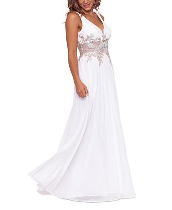 Betsy & Adam Women's V Neck Mesh Waist Embroidered Chiffon Gown White Size 6
