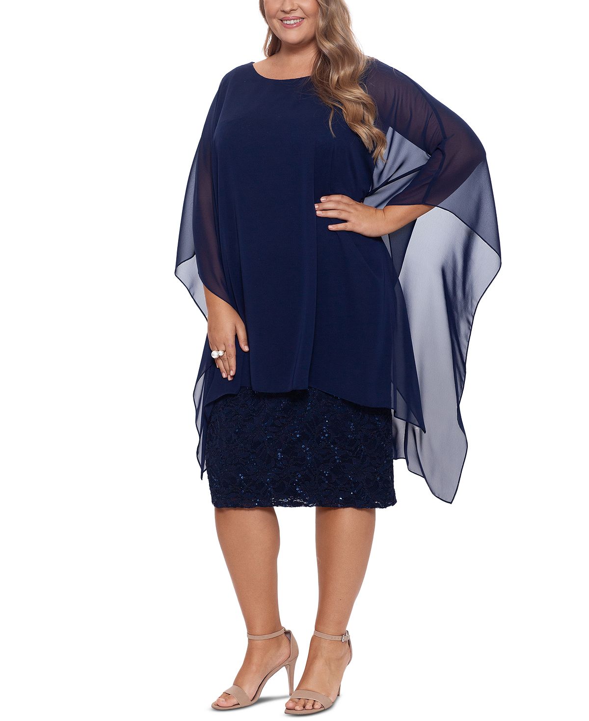 Betsy & Adam Women's Chiffon Overlay Sequin Lace Dress Blue Size 14W