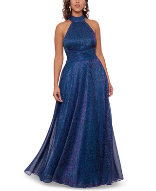 Betsy & Adam Women's Metallic Halter Gown Blue Size 10