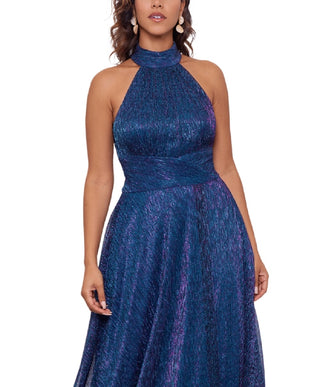 Betsy & Adam Women's Metallic Halter Gown Blue Size 10