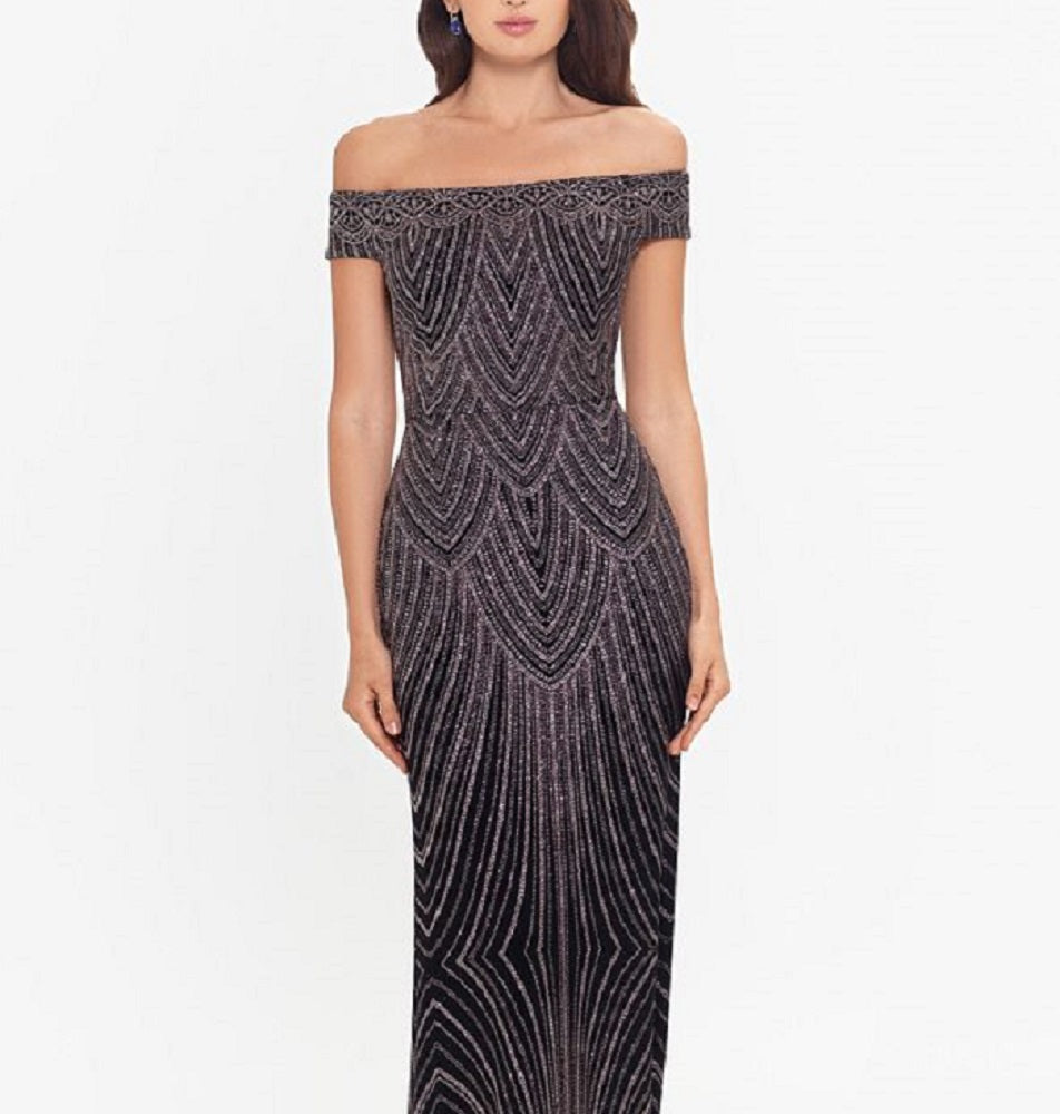 Betsy & Adam Women's Deco Glitter Gown Black Size 8 Petite