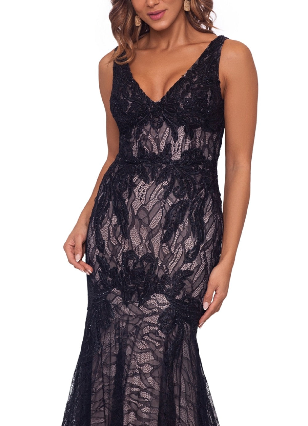 Betsy & Adam Women's V Neck Lace Appliques Mermaid Gown Black Size 10
