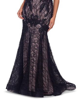 Betsy & Adam Women's V Neck Lace Appliques Mermaid Gown Black Size 10