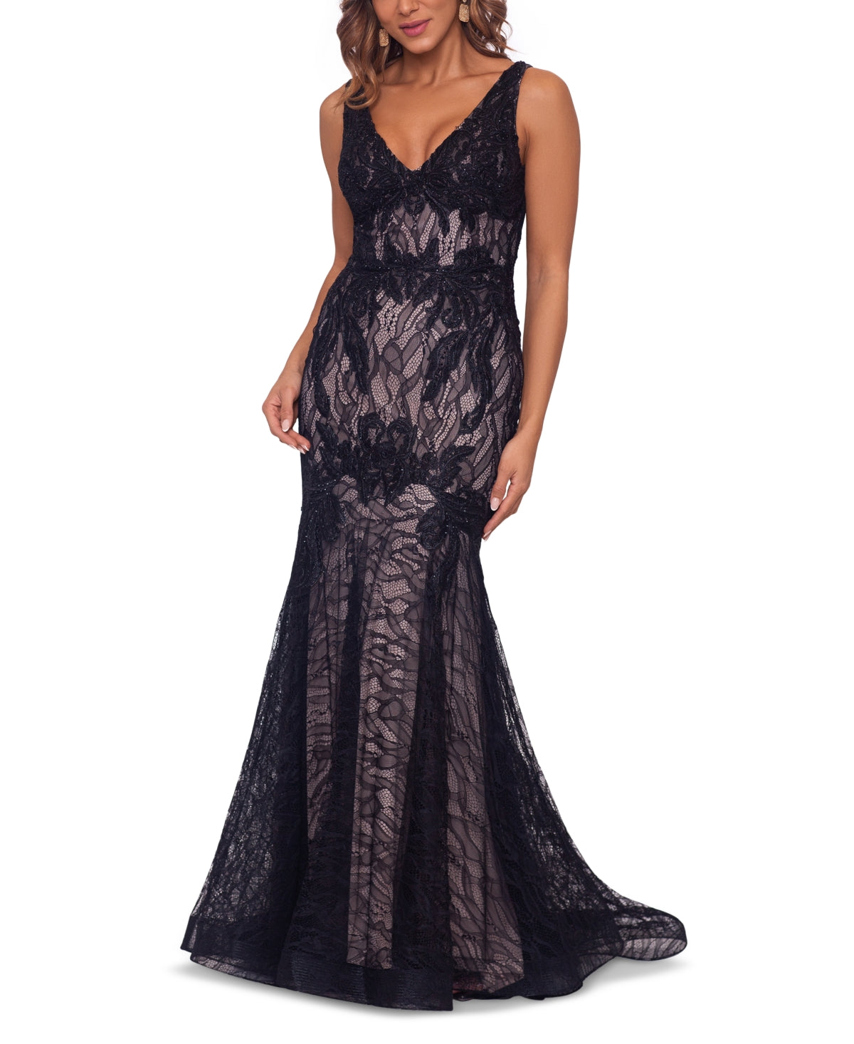 Betsy & Adam Women's V Neck Lace Appliques Mermaid Gown Black Size 10