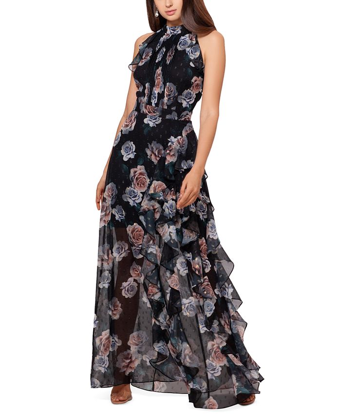 Betsy & Adam Women's Floral Print Chiffon Ruffle Gown Black Size 12Petite