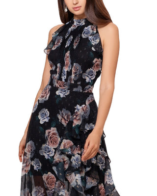 Betsy & Adam Women's Floral Print Chiffon Ruffle Gown Black Size 12Petite