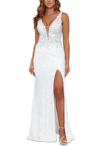 Betsy & Adam Women's V Neck Lace Gown White Size 6