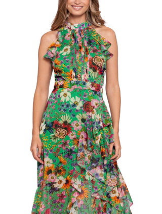 Betsy & Adam Women's Floral Print Ruffled Halter Gown Green Size 2