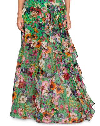 Betsy & Adam Women's Floral Print Ruffled Halter Gown Green Size 2