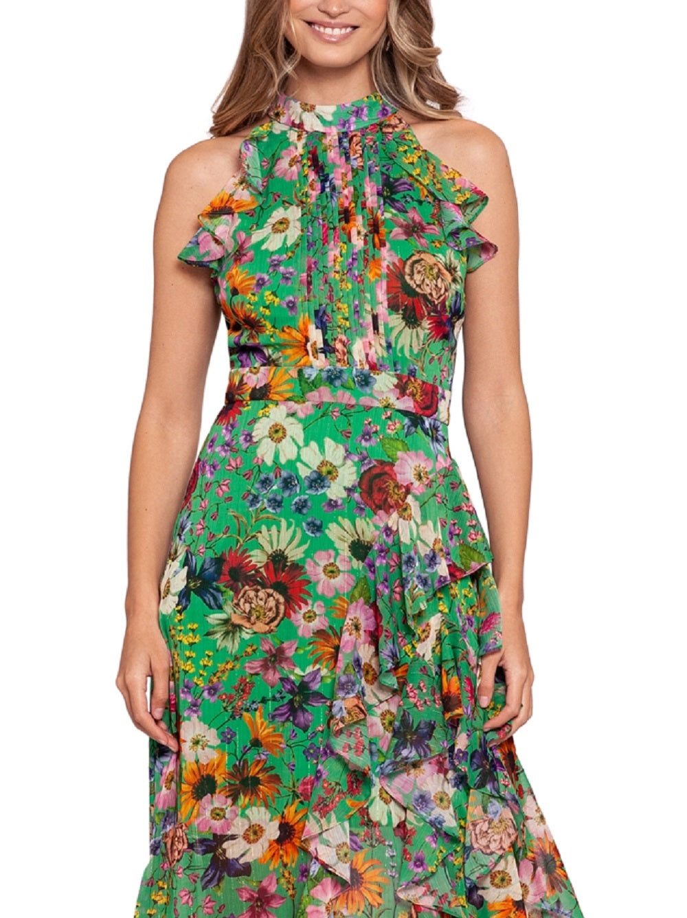 Betsy & Adam Women's Floral Print Ruffled Halter Gown Green Size 6