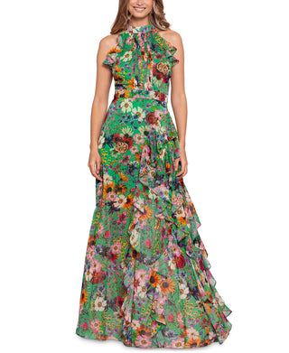 Betsy & Adam Women's Floral Print Ruffled Halter Gown Green Size 8