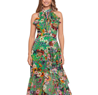 Betsy & Adam Women's Floral Print Ruffled Halter Gown Green Size 8