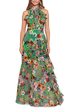 Betsy & Adam Women's Floral Print Ruffled Halter Gown Green Size 10