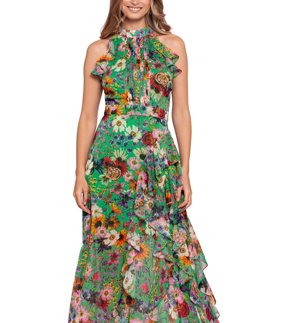 Betsy & Adam Women's Floral Print Ruffled Halter Gown Green Size 10