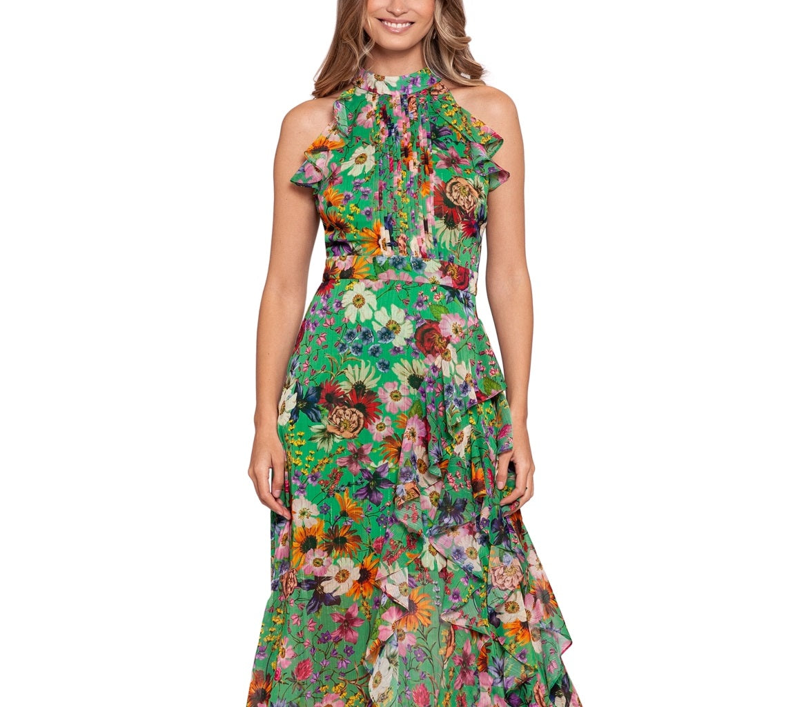 Betsy & Adam Women's Floral Print Ruffled Halter Gown Green Size 12