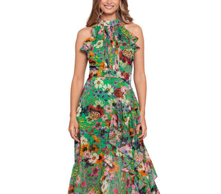 Betsy & Adam Women's Floral Print Ruffled Halter Gown Green Size 12