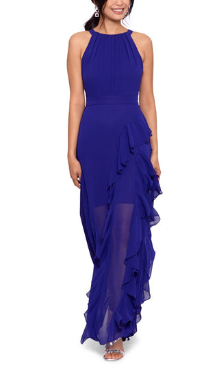 Betsy & Adam Women's Halter Neck Ruffled Gown Blue Size 4