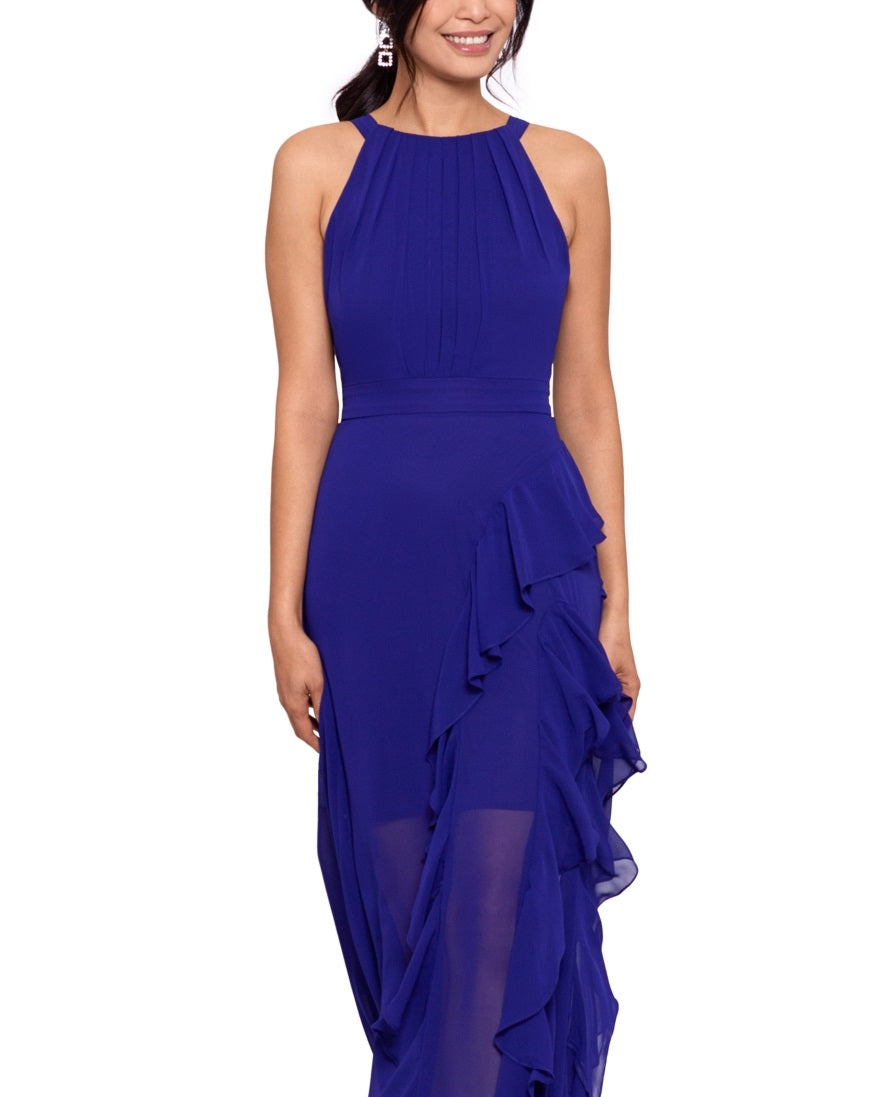 Betsy & Adam Women's Halter Neck Ruffled Gown Blue Size 4