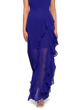 Betsy & Adam Women's Halter Neck Ruffled Gown Blue Size 4