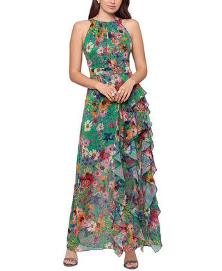 Betsy & Adam Women's Ruffled Floral Halter Gown Green Size 6Petite