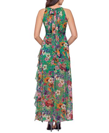 Betsy & Adam Women's Ruffled Floral Halter Gown Green Size 6Petite