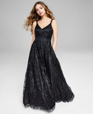 Blondie Nites Junior's Glitter Illusion Strap Mesh Ball Gown Black Size 7