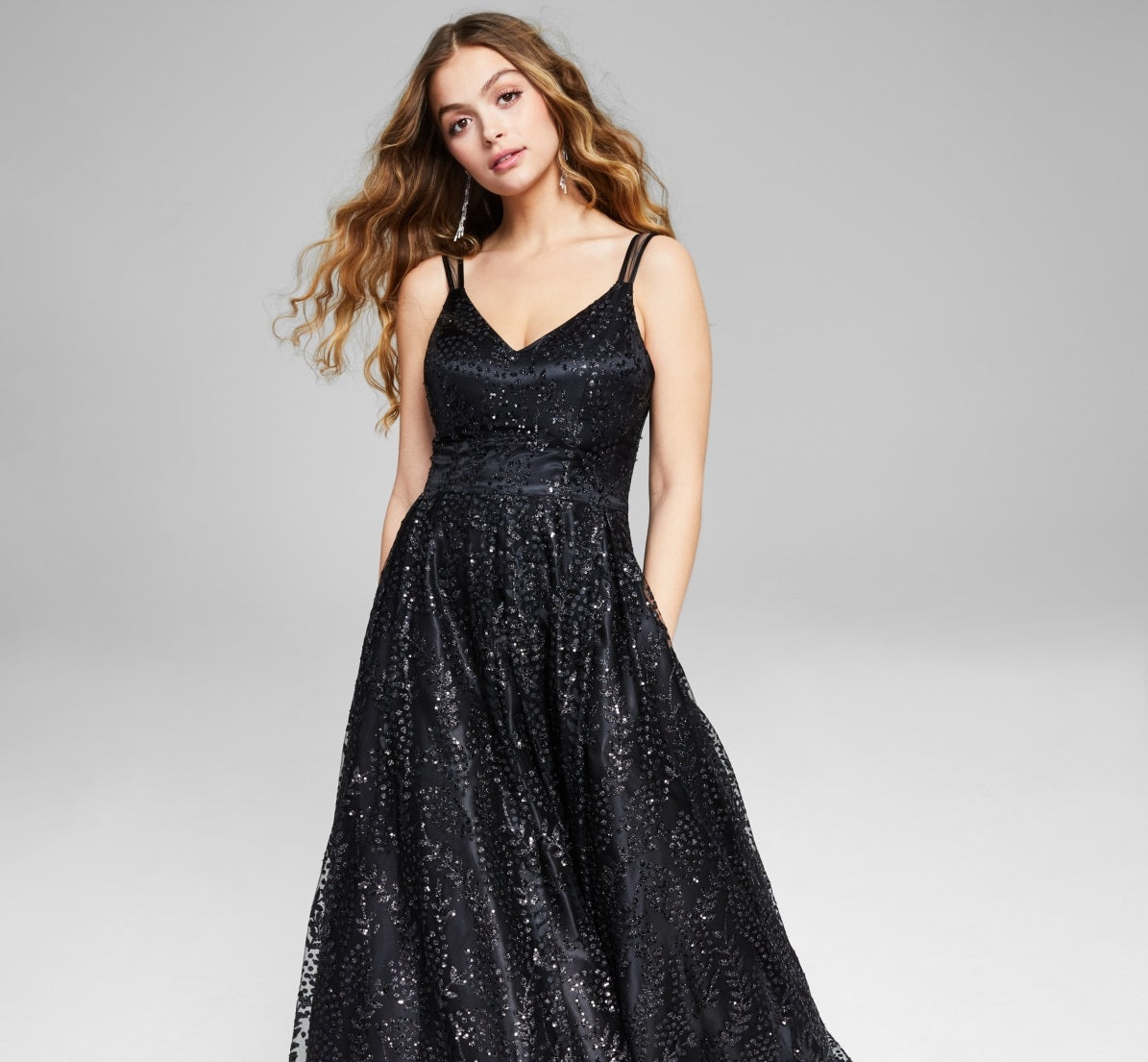 Blondie Nites Junior's Glitter Illusion Strap Mesh Ball Gown Black Size 7